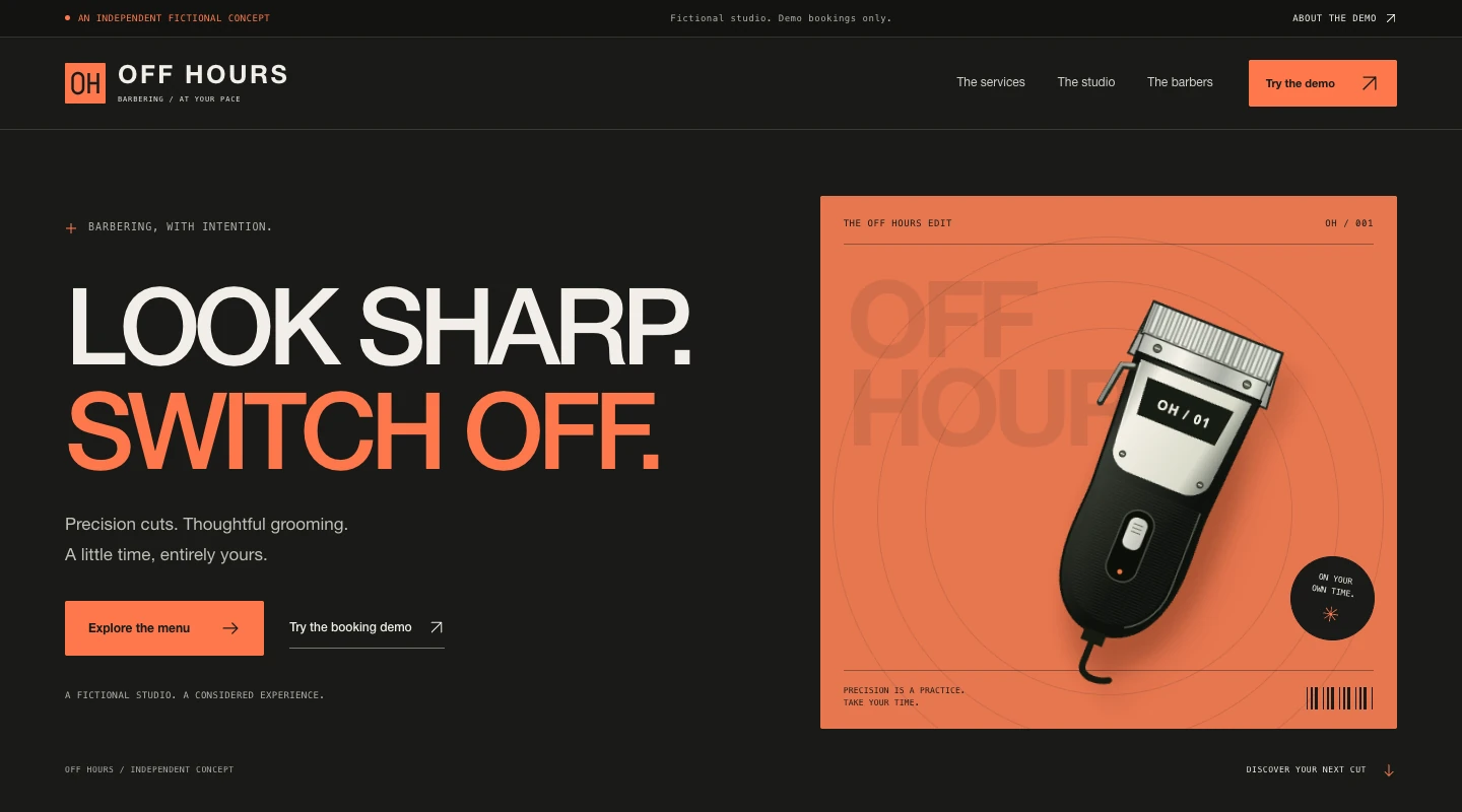 OFF HOURS fictional barber studio concept demo